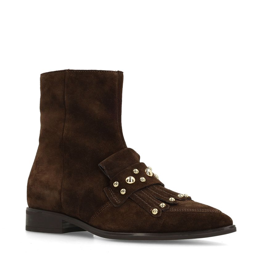 Dunkelbraune Veloursleder-Stiefeletten mit Nieten