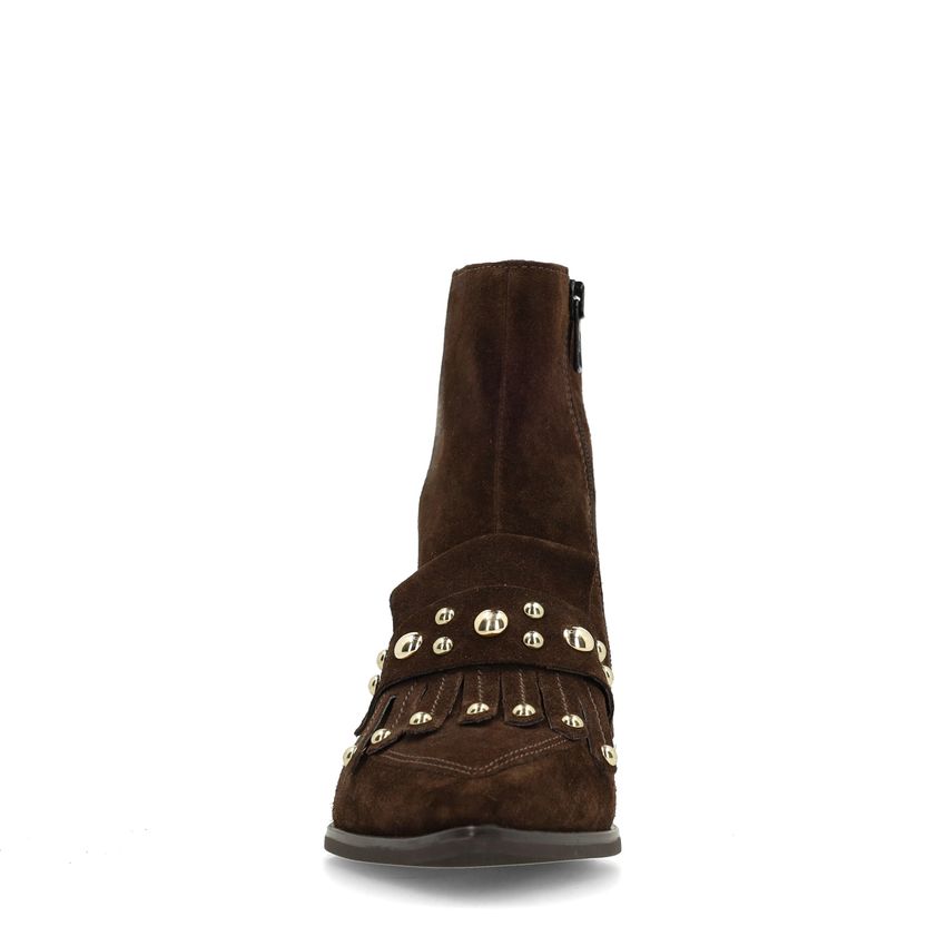 Dunkelbraune Veloursleder-Stiefeletten mit Nieten