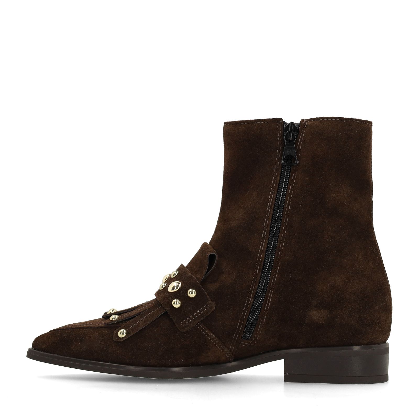 Dunkelbraune Veloursleder-Stiefeletten mit Nieten