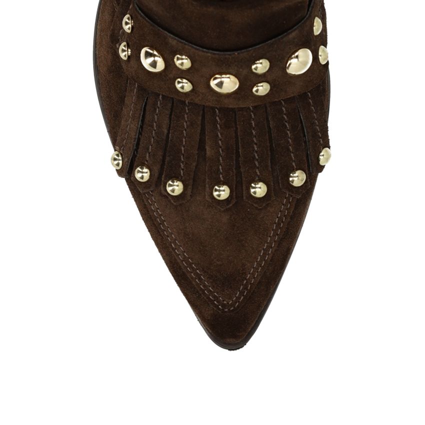 Dunkelbraune Veloursleder-Stiefeletten mit Nieten