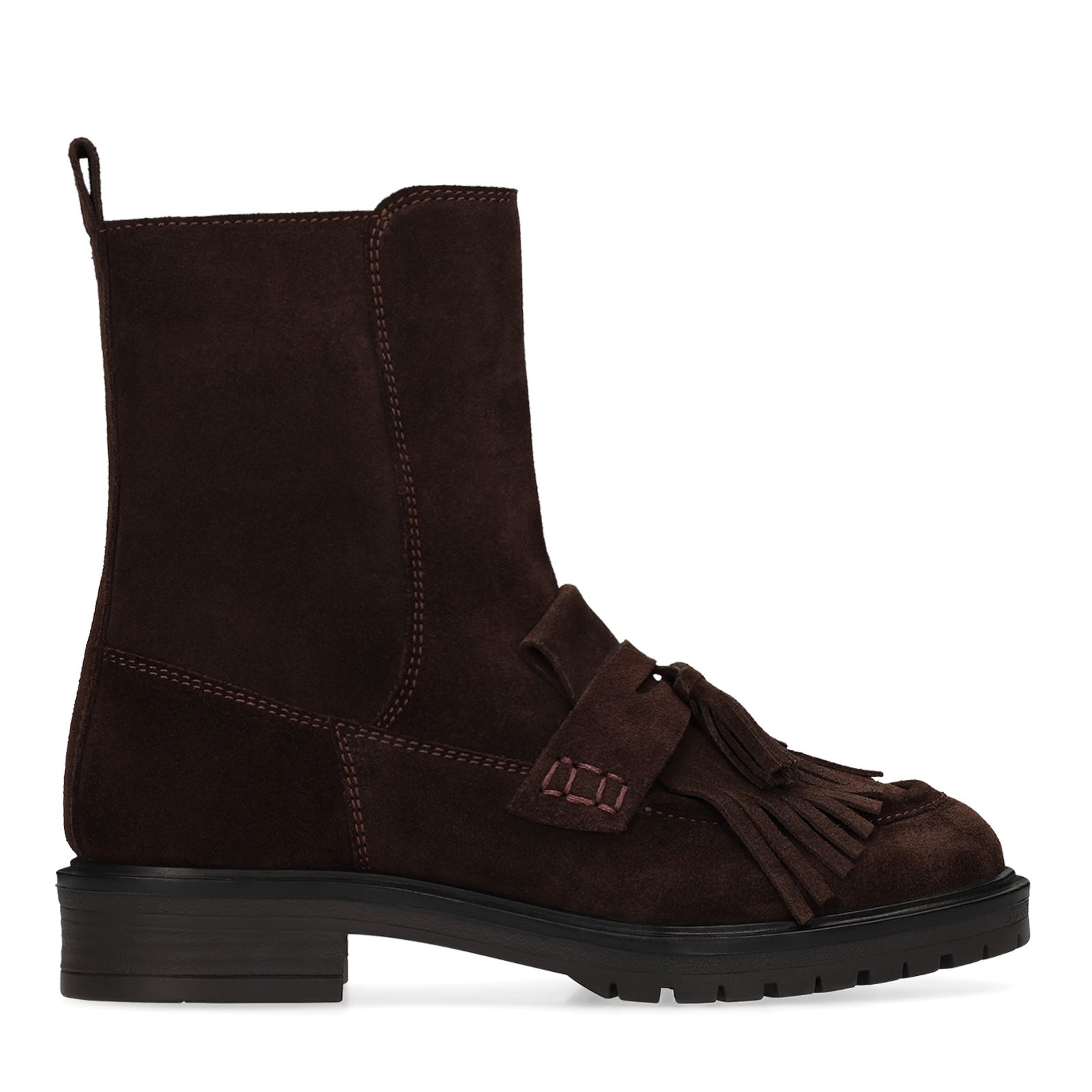 Braune Veloursleder-Stiefeletten mit Fransen