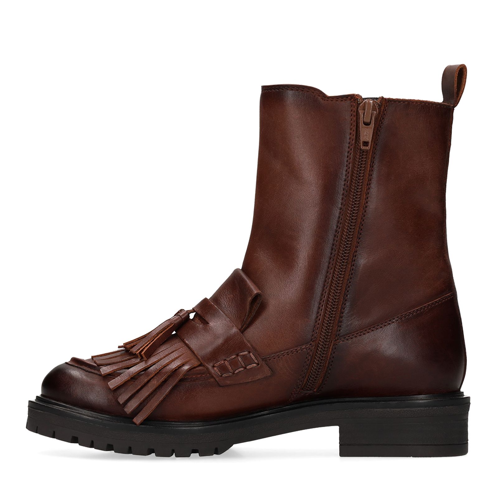Braune Lederstiefeletten mit Fransen