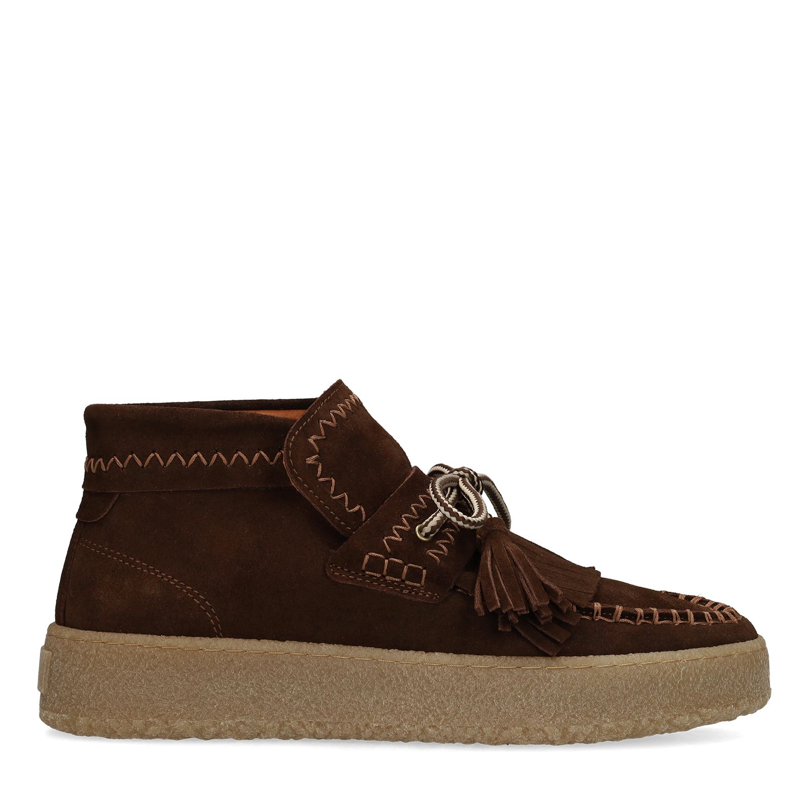 Dunkelbraune Velourslederboots mit Fransen
