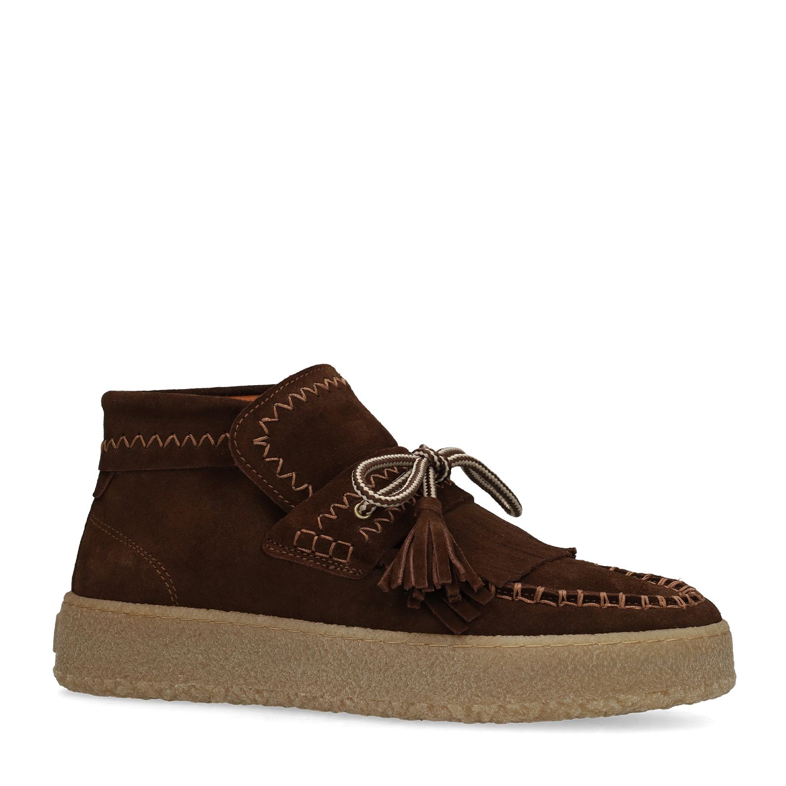 Dunkelbraune Velourslederboots mit Fransen