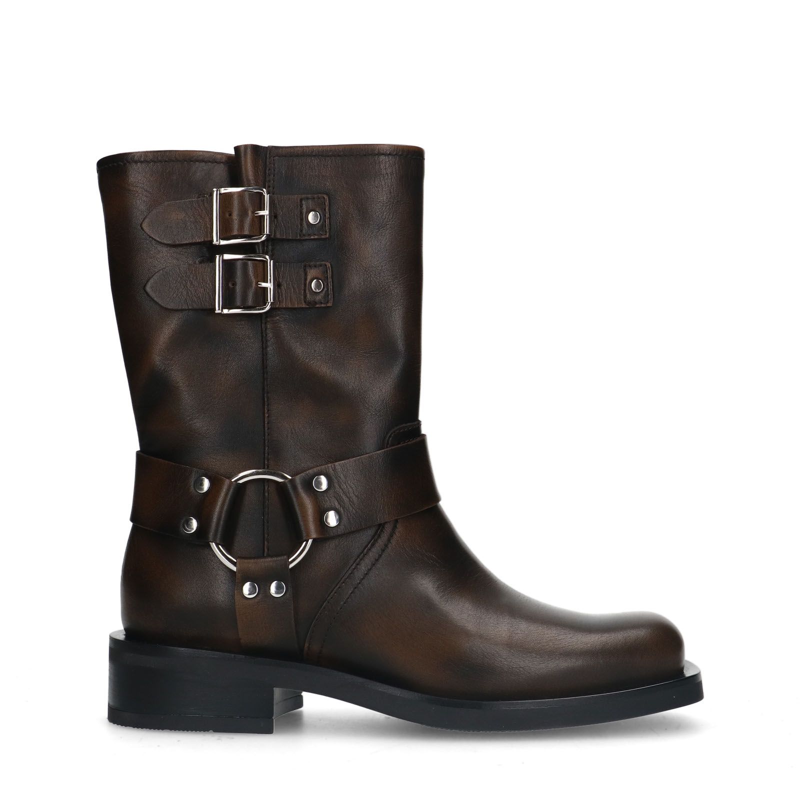 Bruine leren biker boots met zilverkleurige gespjes
