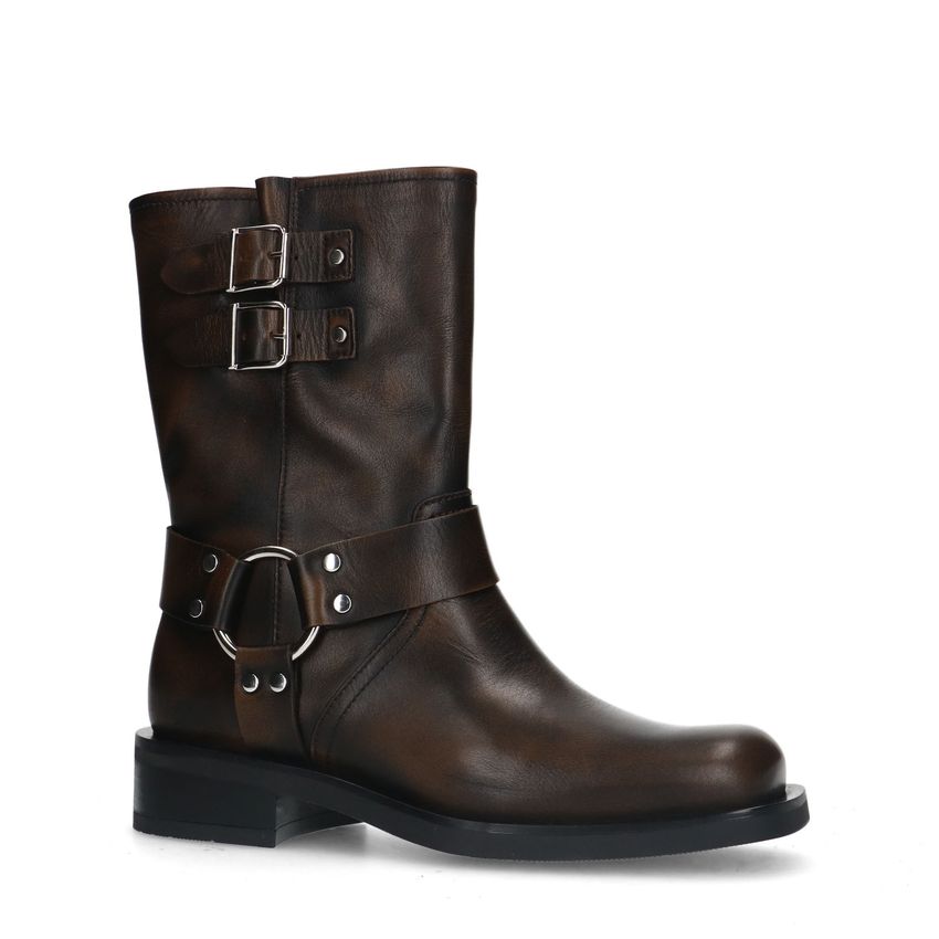 Bruine leren biker boots met zilverkleurige gespjes