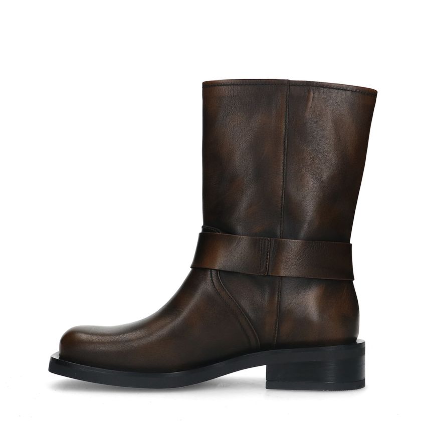 Bruine leren biker boots met zilverkleurige gespjes