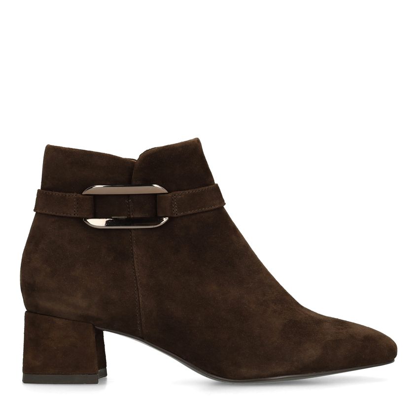 Beigefarbene Veloursleder-Stiefeletten mit Absatz
