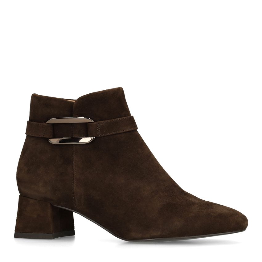 Beigefarbene Veloursleder-Stiefeletten mit Absatz