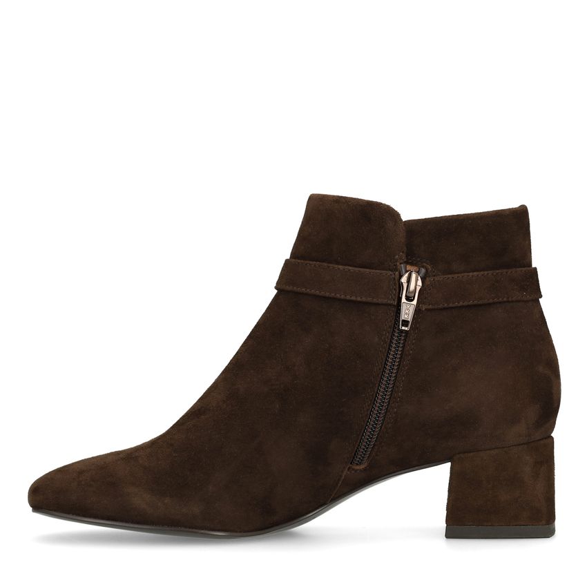 Beigefarbene Veloursleder-Stiefeletten mit Absatz