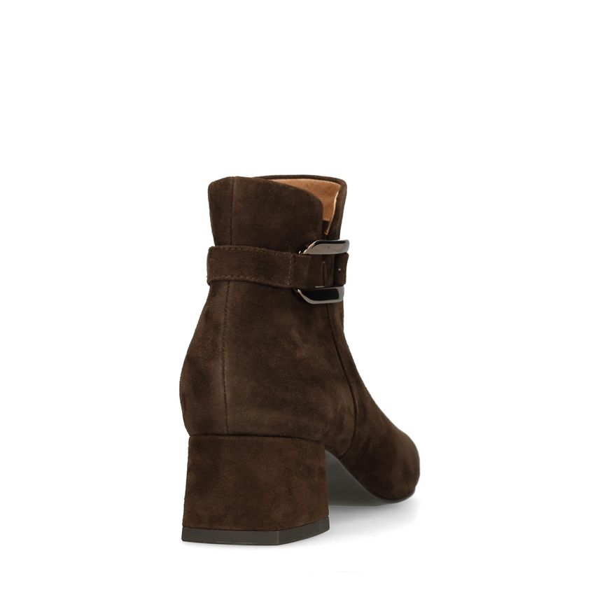 Beigefarbene Veloursleder-Stiefeletten mit Absatz