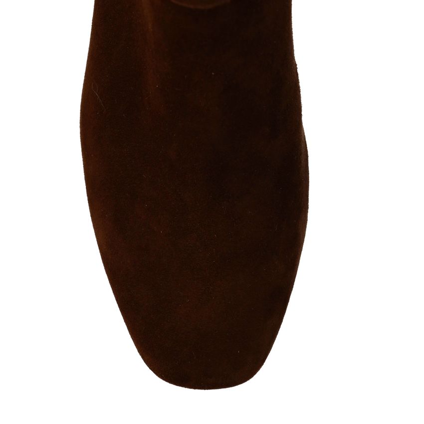 Beigefarbene Veloursleder-Stiefeletten mit Absatz