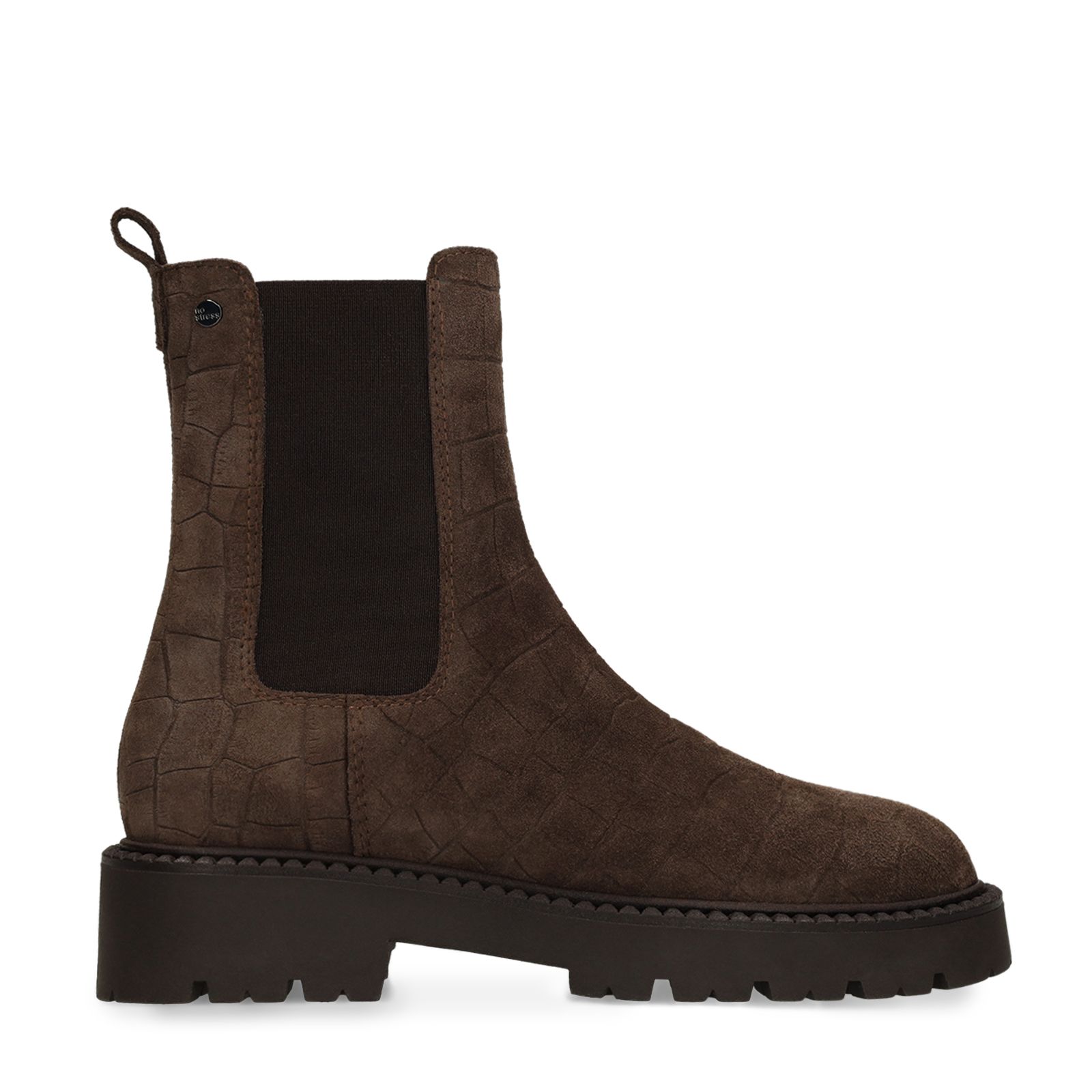 Dunkelbraune Chelsea Boots aus Veloursleder mit Krokomuster