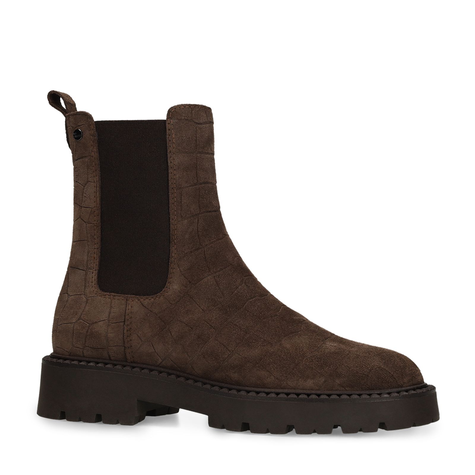 Dunkelbraune Chelsea Boots aus Veloursleder mit Krokomuster