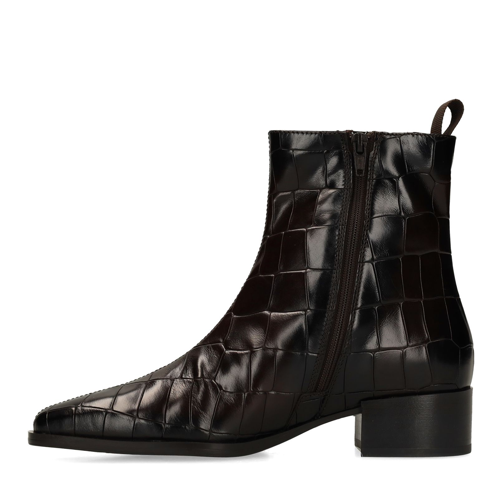 Dunkelbraune Lederstiefeletten mit Krokomuster