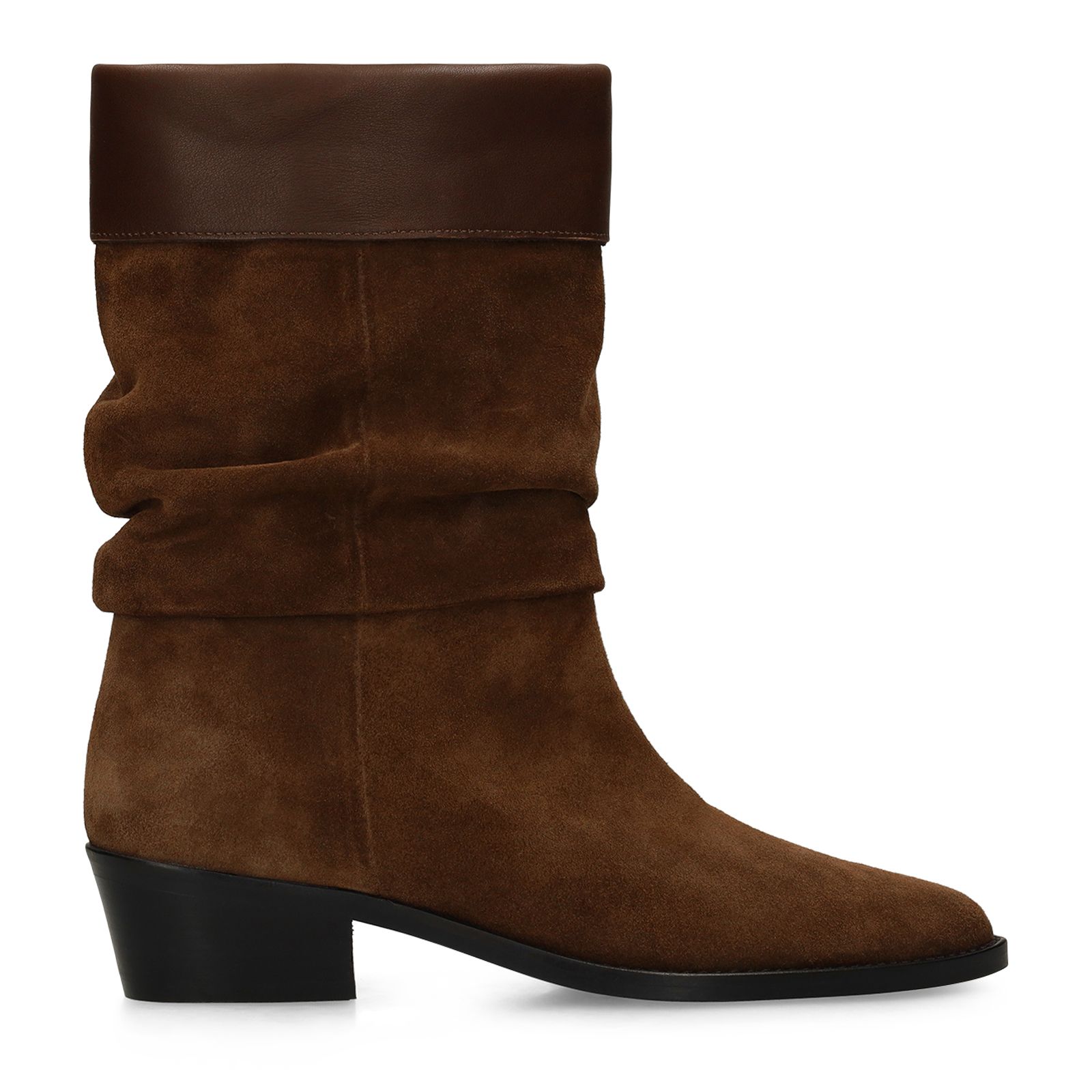 Braune Veloursleder-Stiefeletten mit Glattleder-Umschlag