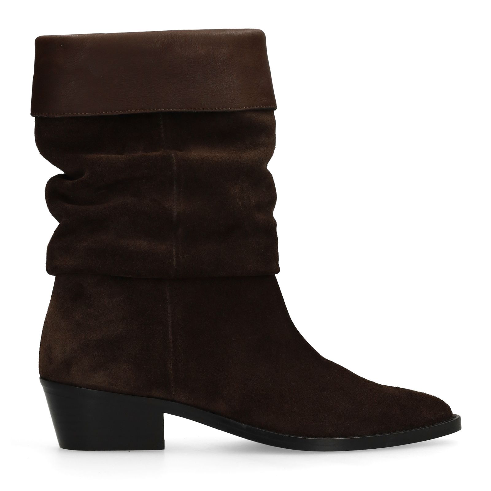 Dunkelbraune Veloursleder-Stiefeletten mit Glattleder-Umschlag