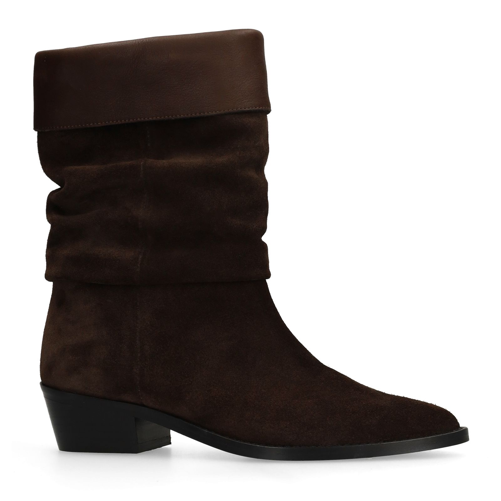 Dunkelbraune Veloursleder-Stiefeletten mit Glattleder-Umschlag