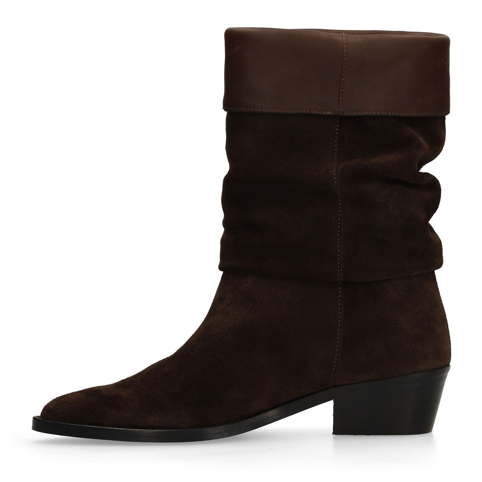 Dunkelbraune Veloursleder-Stiefeletten mit Glattleder-Umschlag