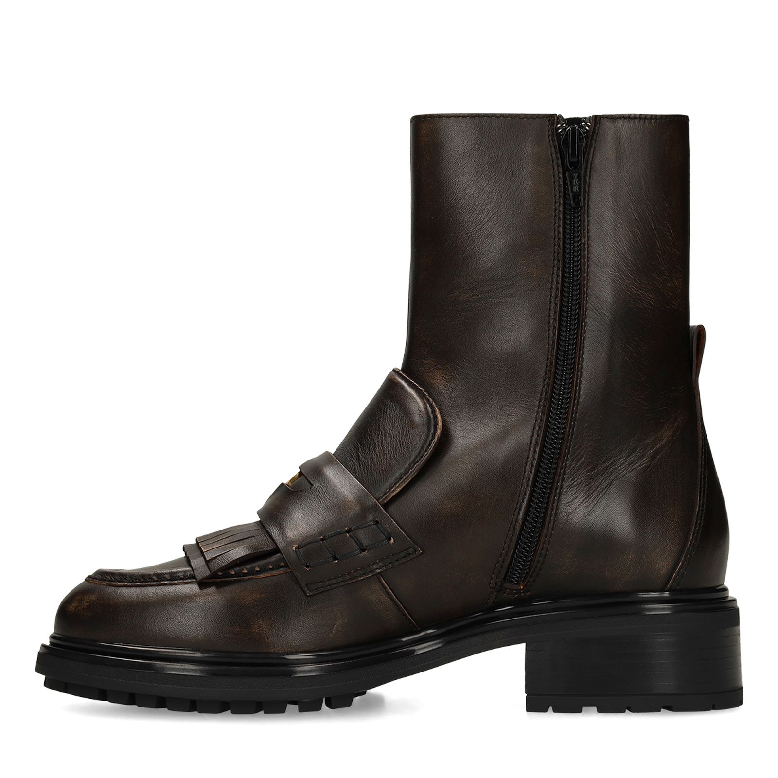 Dunkelbraune Lederstiefeletten mit Quasten