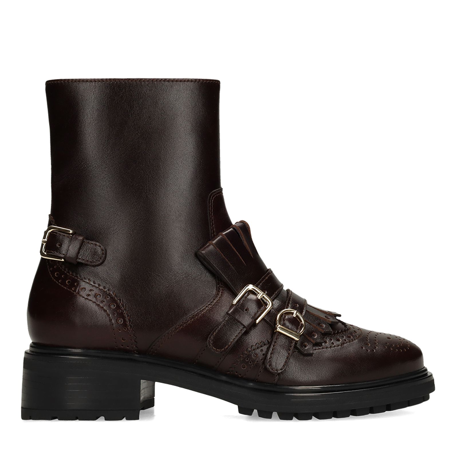 Dunkelbraune Lederstiefeletten mit goldfarbenen Schnallen