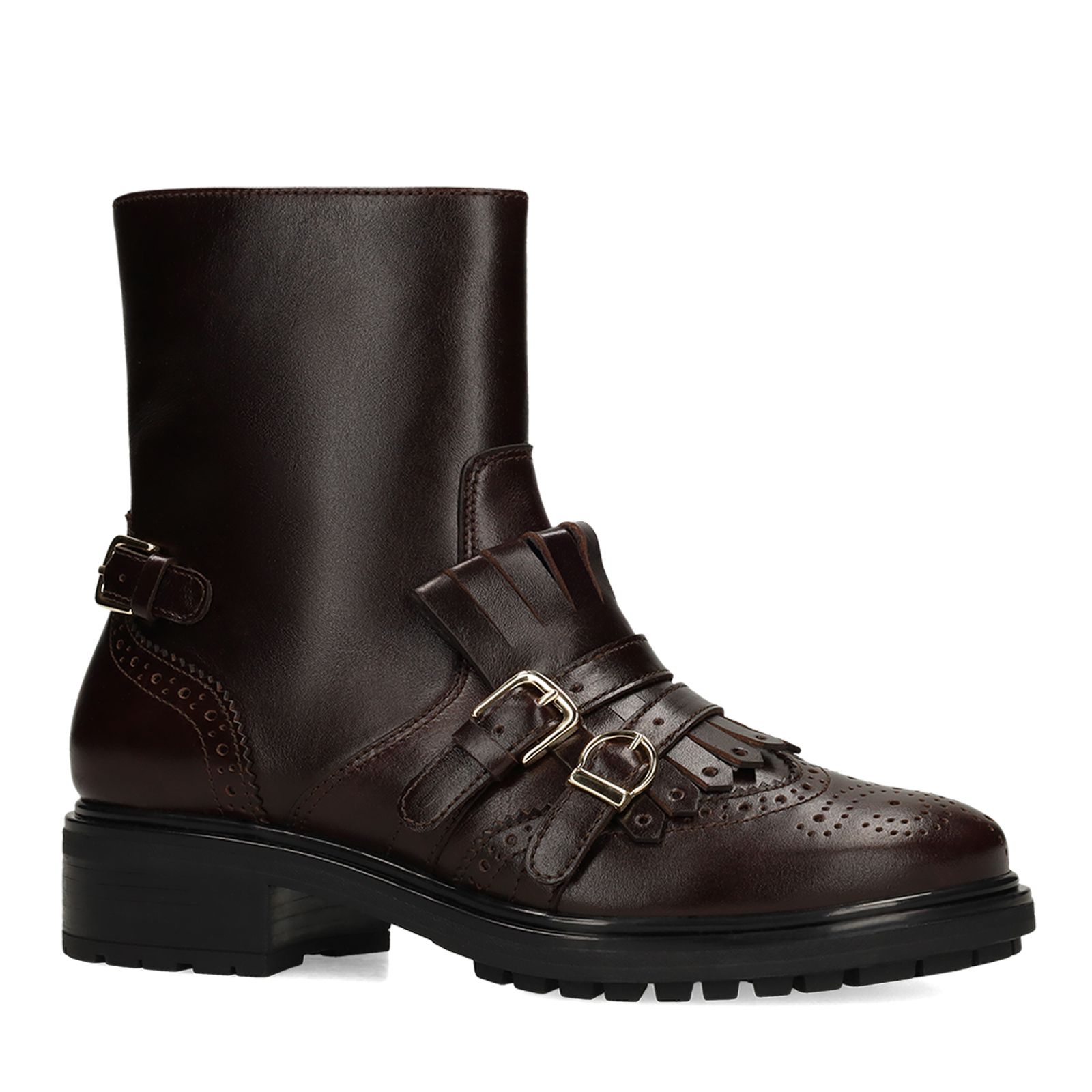 Dunkelbraune Lederstiefeletten mit goldfarbenen Schnallen