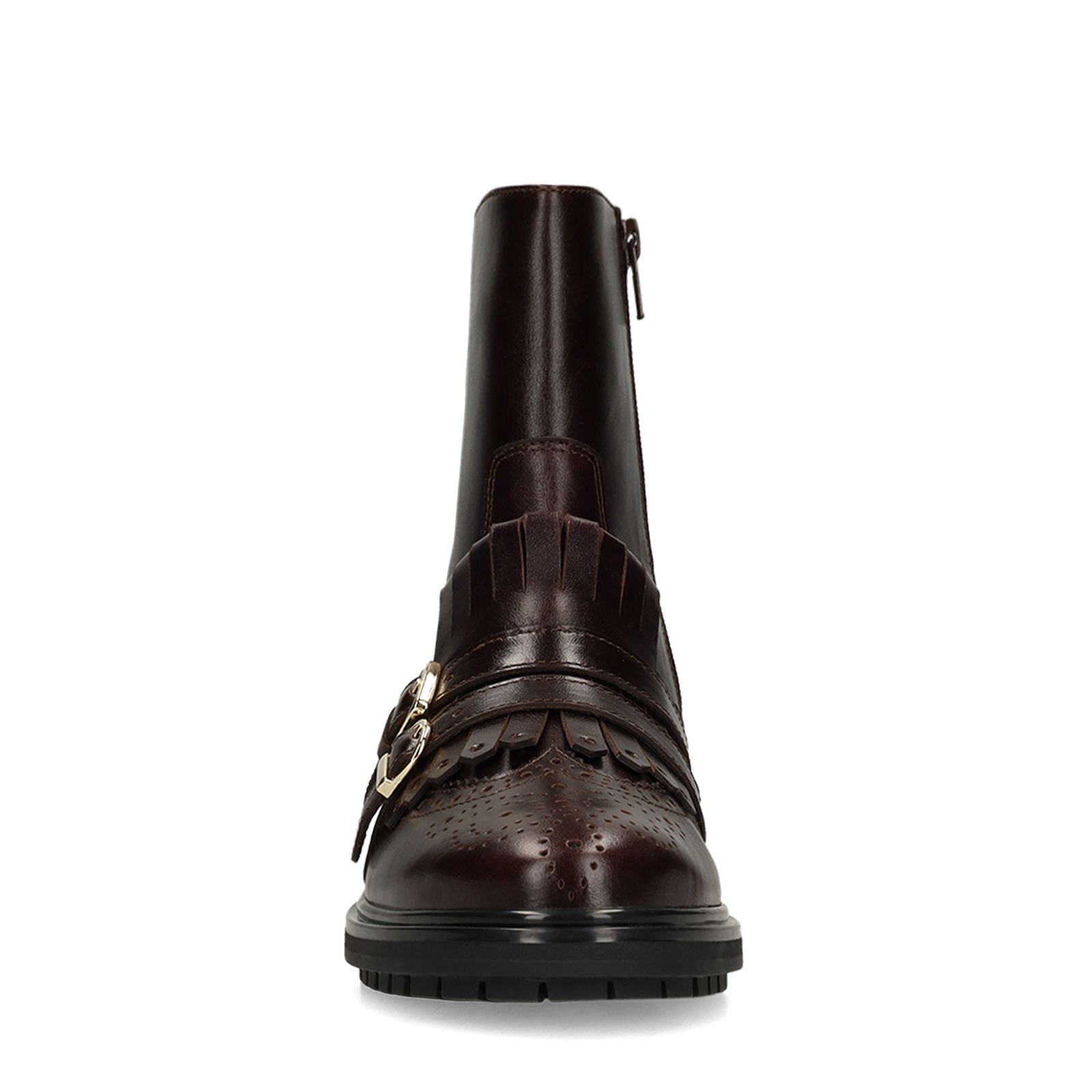 Dunkelbraune Lederstiefeletten mit goldfarbenen Schnallen