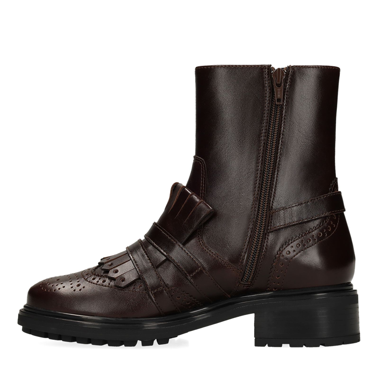 Dunkelbraune Lederstiefeletten mit goldfarbenen Schnallen