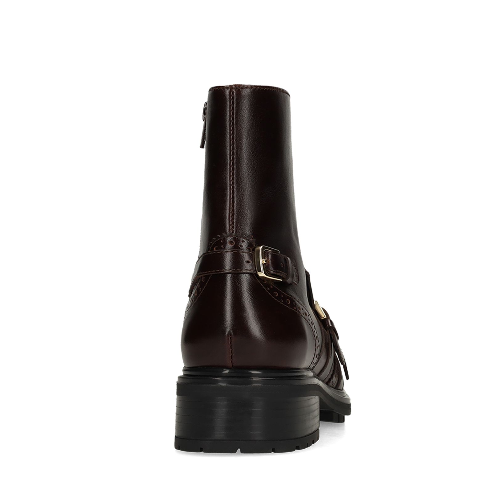 Dunkelbraune Lederstiefeletten mit goldfarbenen Schnallen