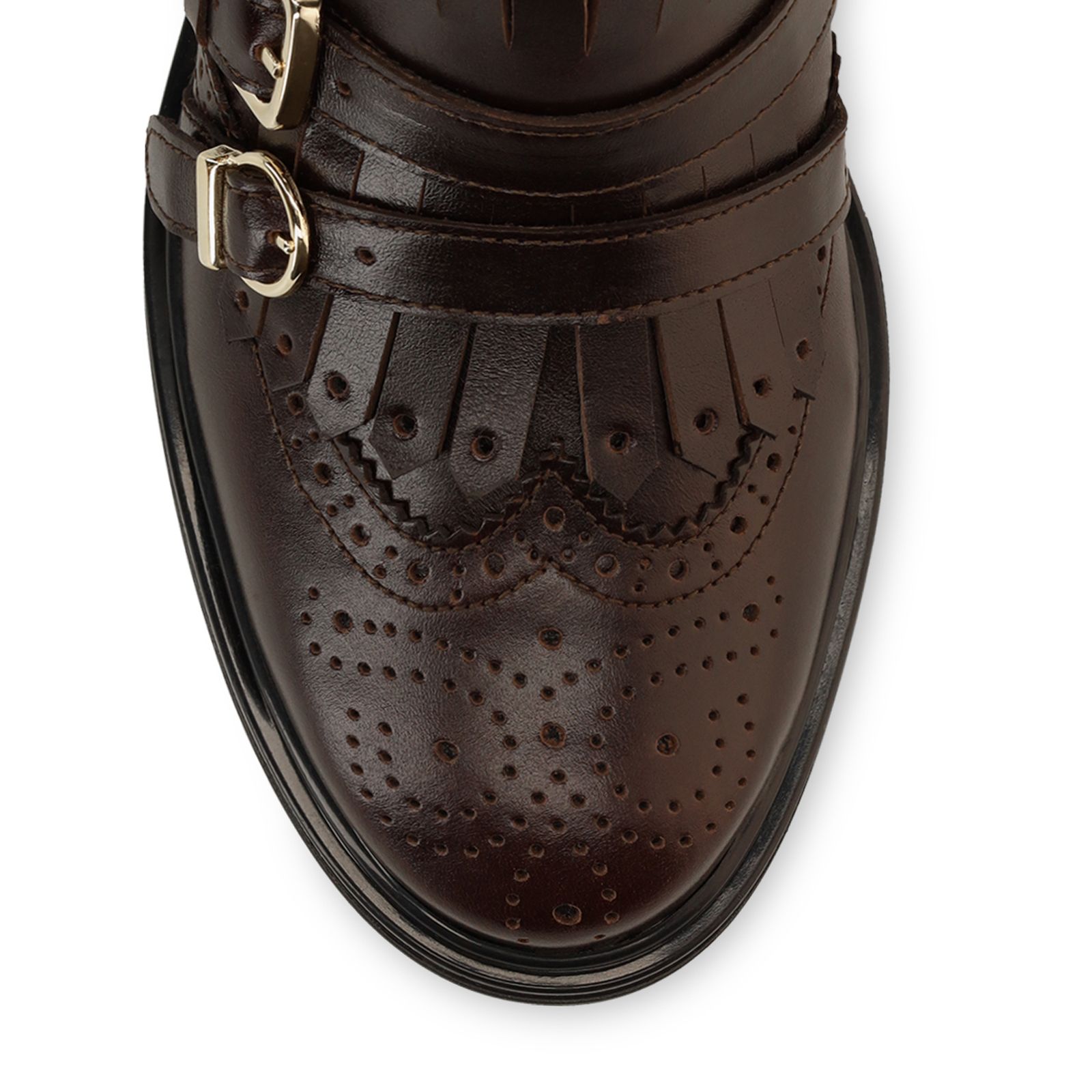 Dunkelbraune Lederstiefeletten mit goldfarbenen Schnallen