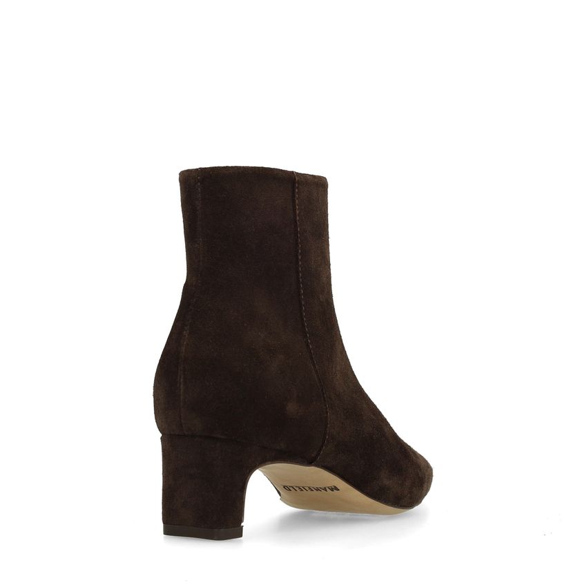 Dunkelbraune Veloursleder-Stiefeletten mit Absatz