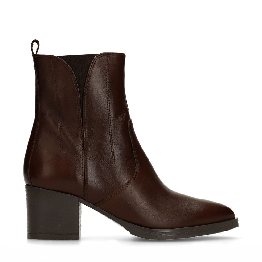 Dunkelbraune Lederstiefeletten mit Absatz