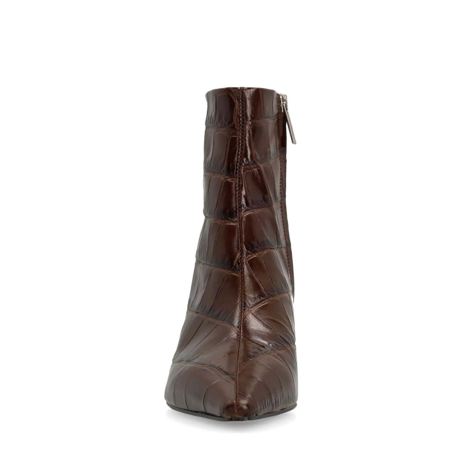 Braune Lederstiefeletten mit Krokomuster und Absatz