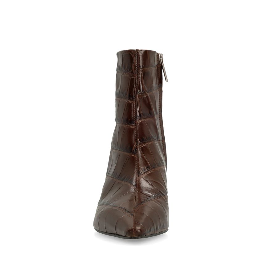 Braune Lederstiefeletten mit Krokomuster und Absatz