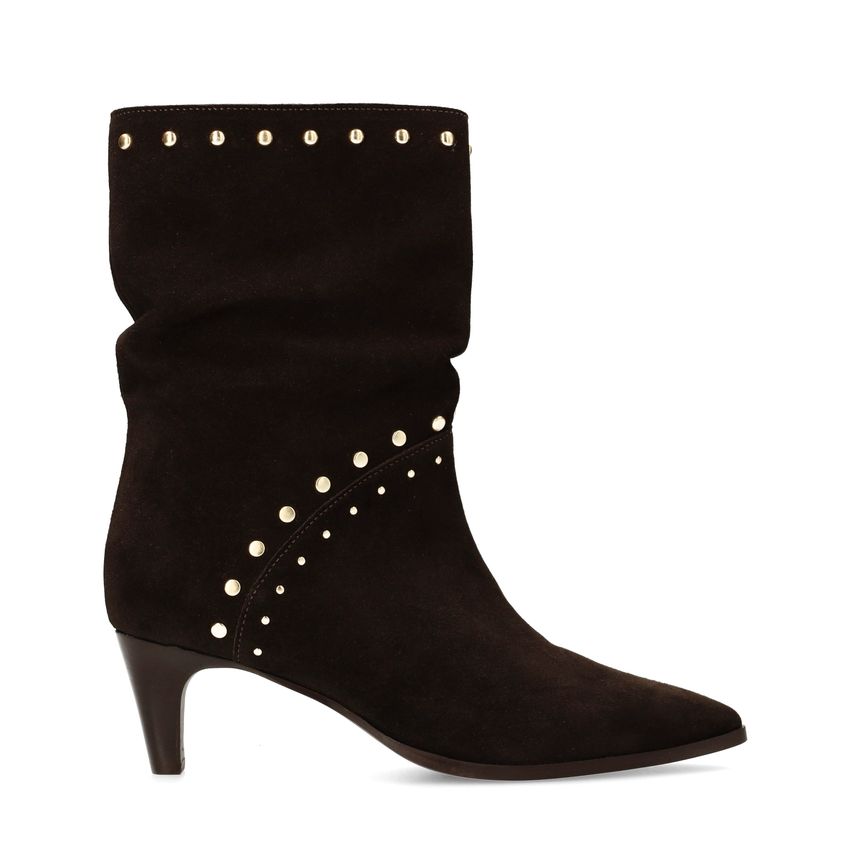 Dunkelbraune Veloursleder-Stiefeletten mit Nieten
