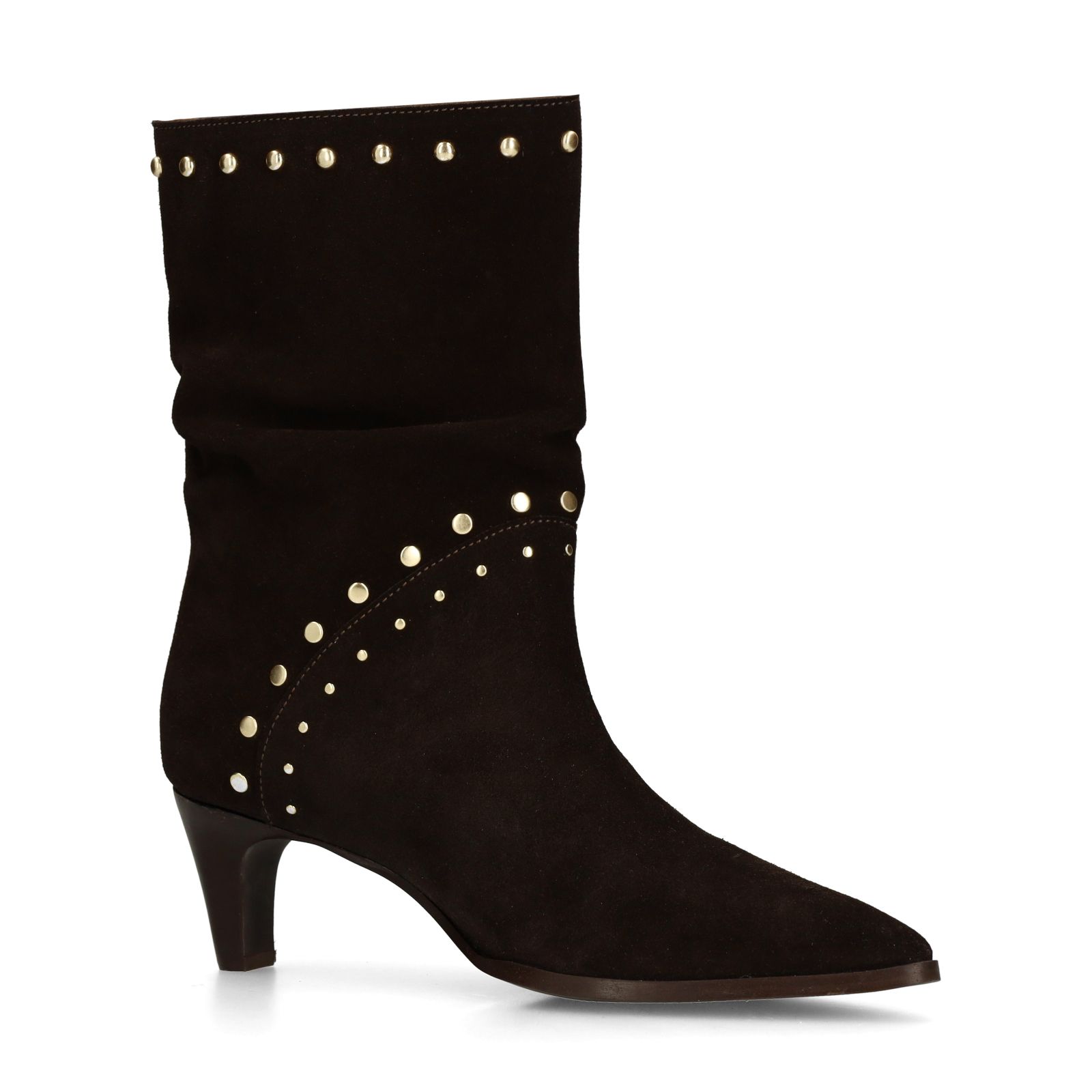 Dunkelbraune Veloursleder-Stiefeletten mit Nieten