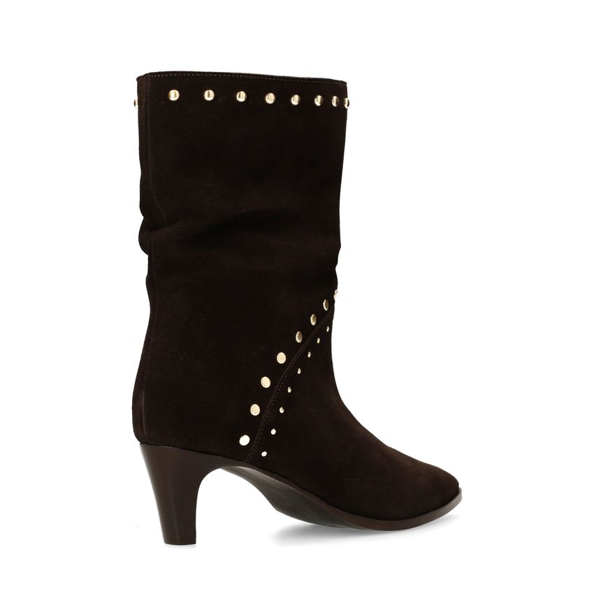 Dunkelbraune Veloursleder-Stiefeletten mit Nieten