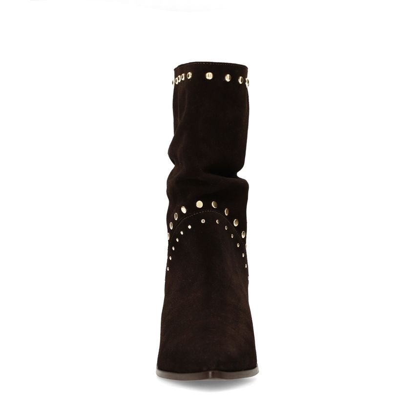 Dunkelbraune Veloursleder-Stiefeletten mit Nieten