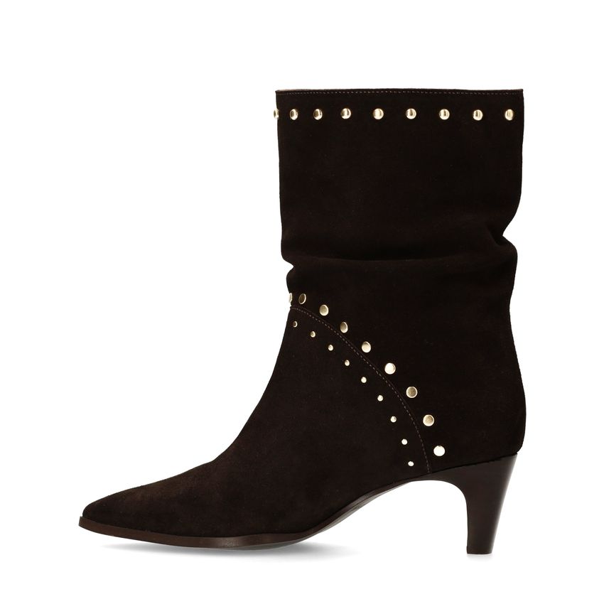 Dunkelbraune Veloursleder-Stiefeletten mit Nieten
