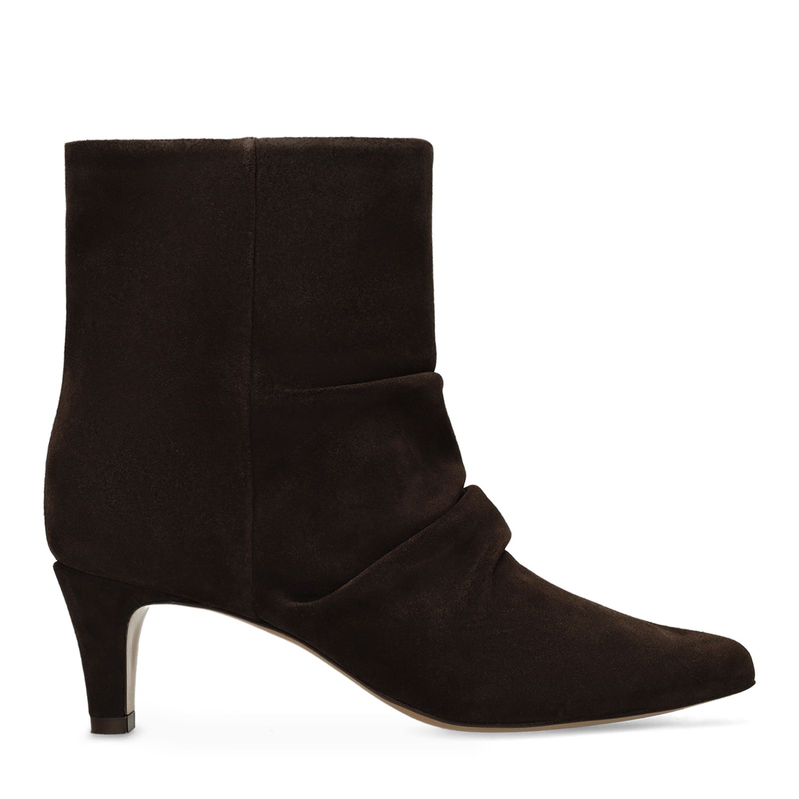 Dunkelbraune Veloursleder-Stiefeletten mit Absatz