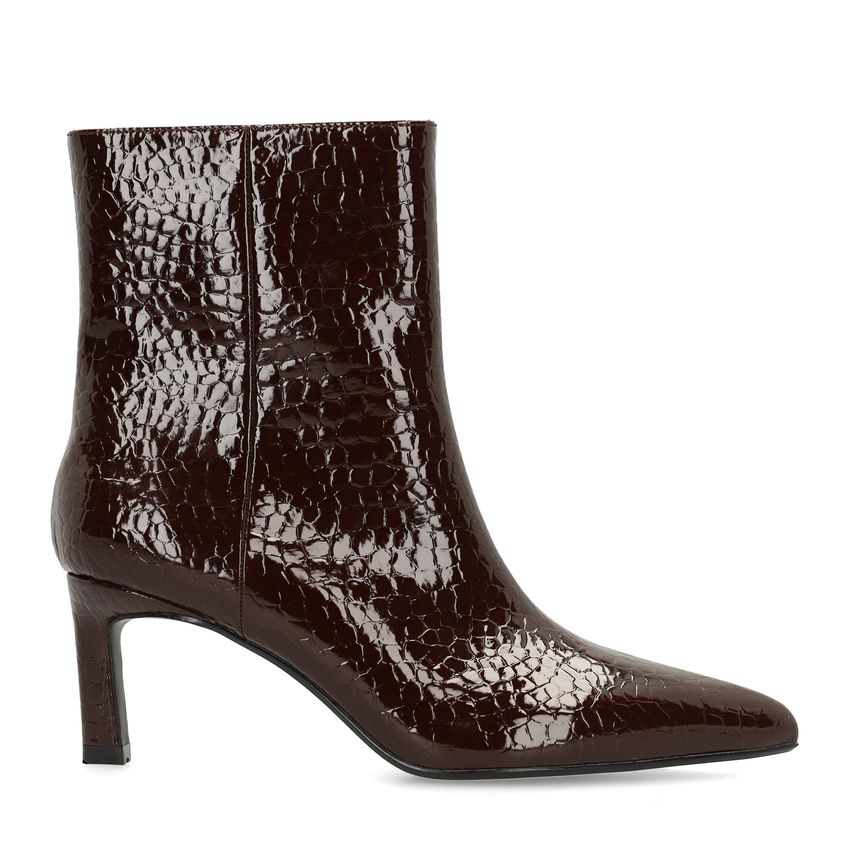 Dunkelbraune Lack-Stiefeletten mit Absatz