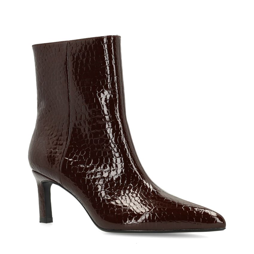 Dunkelbraune Lack-Stiefeletten mit Absatz