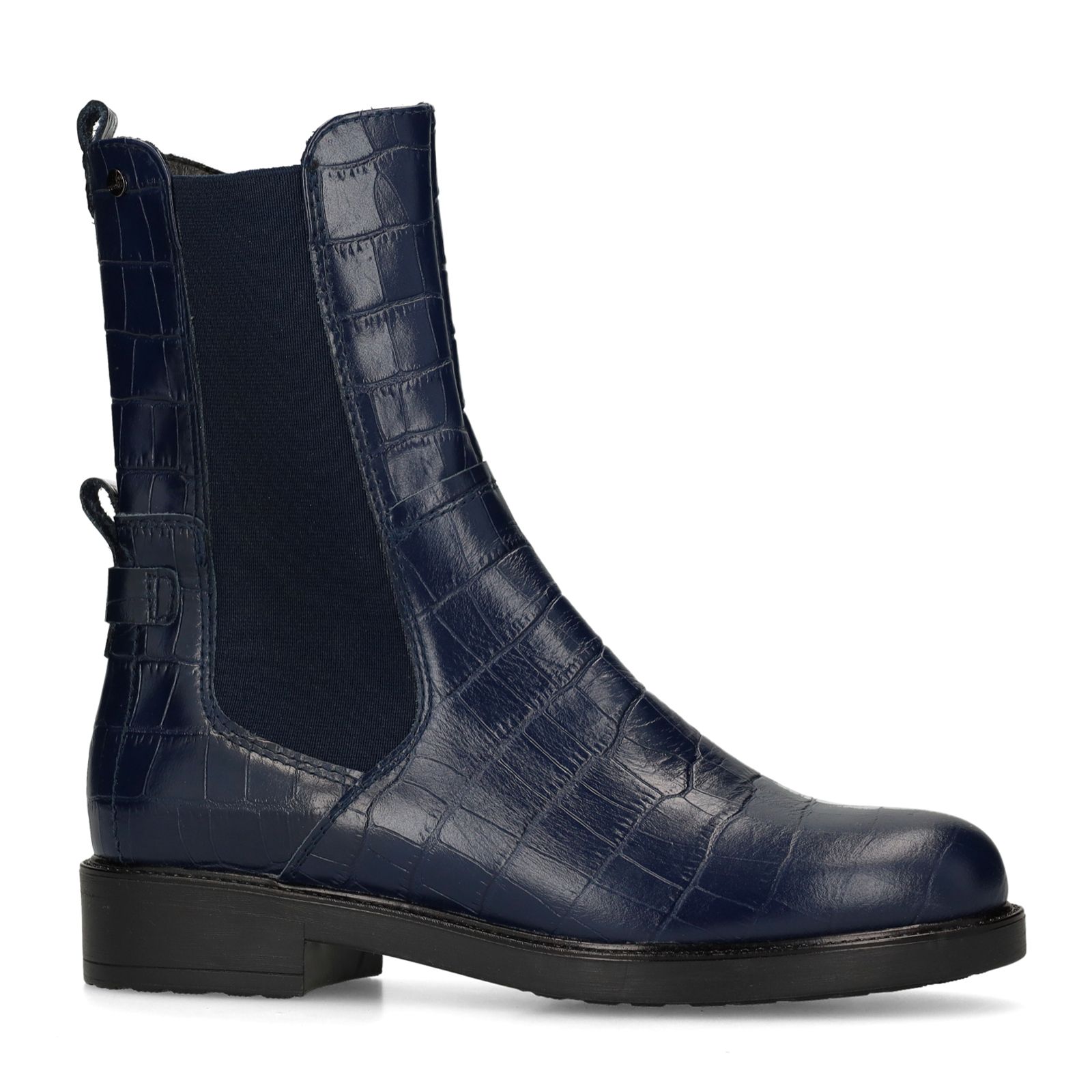 Donkerblauwe leren chelsea boots met croco details