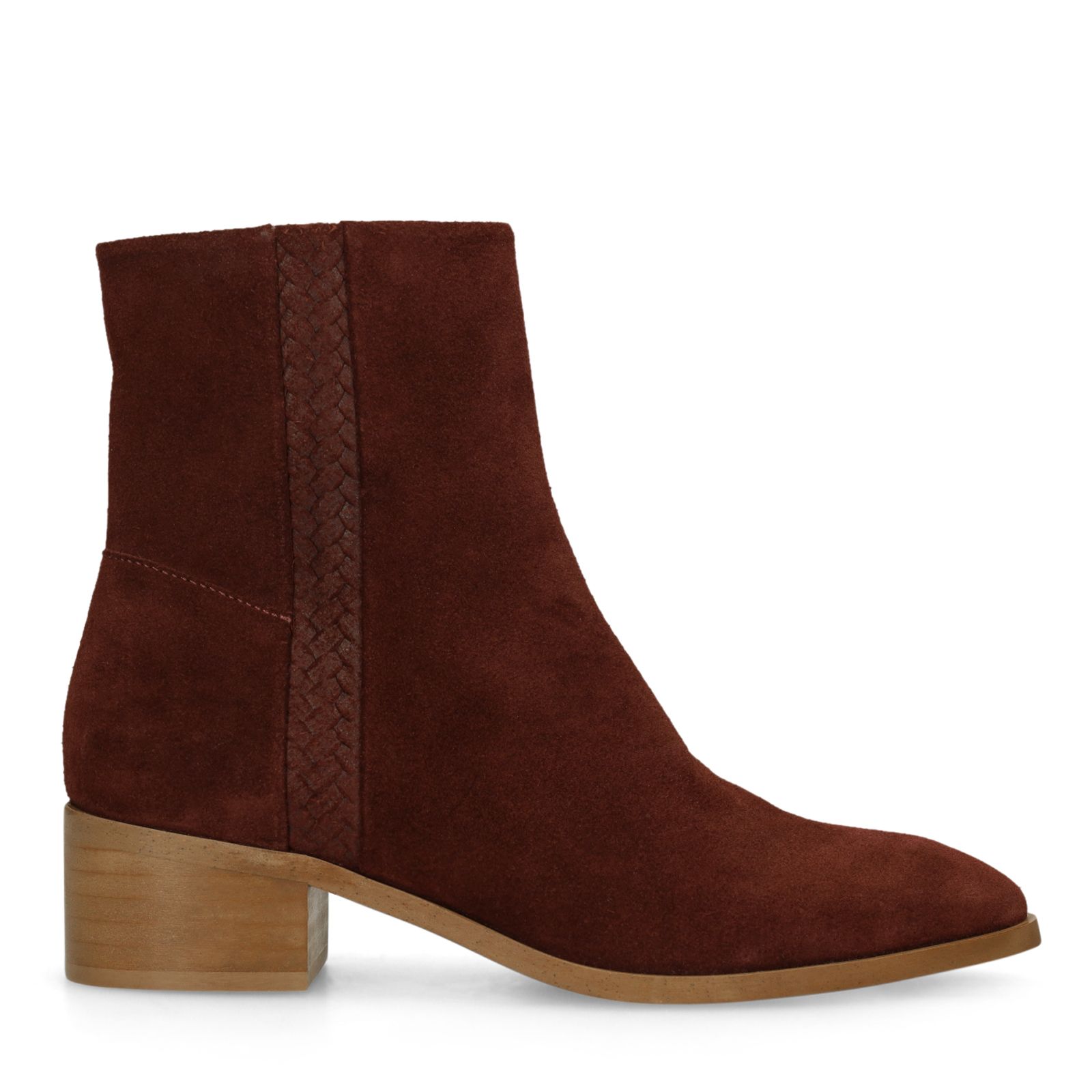 Bordeauxrote Veloursleder-Stiefeletten mit Absatz