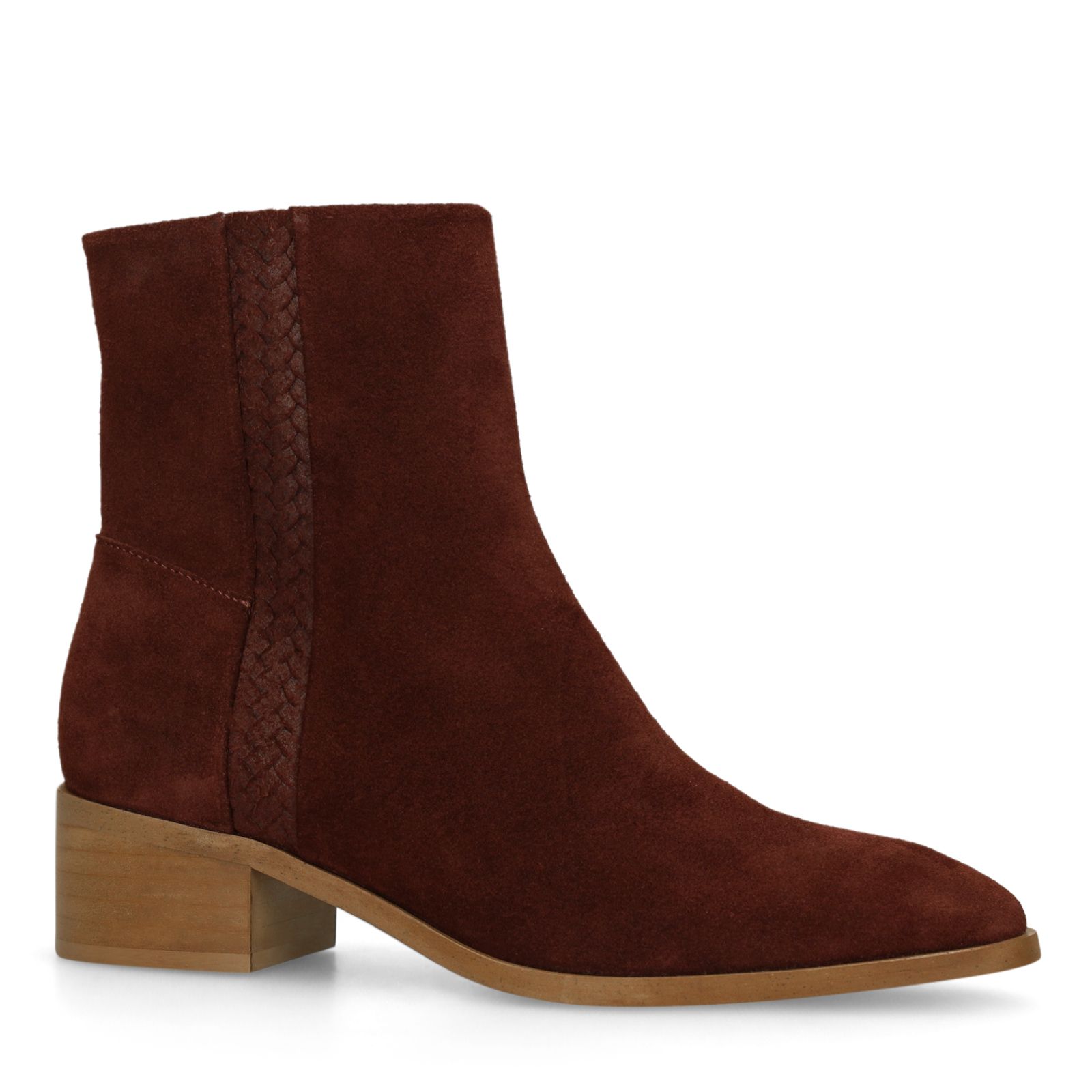 Bordeauxrote Veloursleder-Stiefeletten mit Absatz