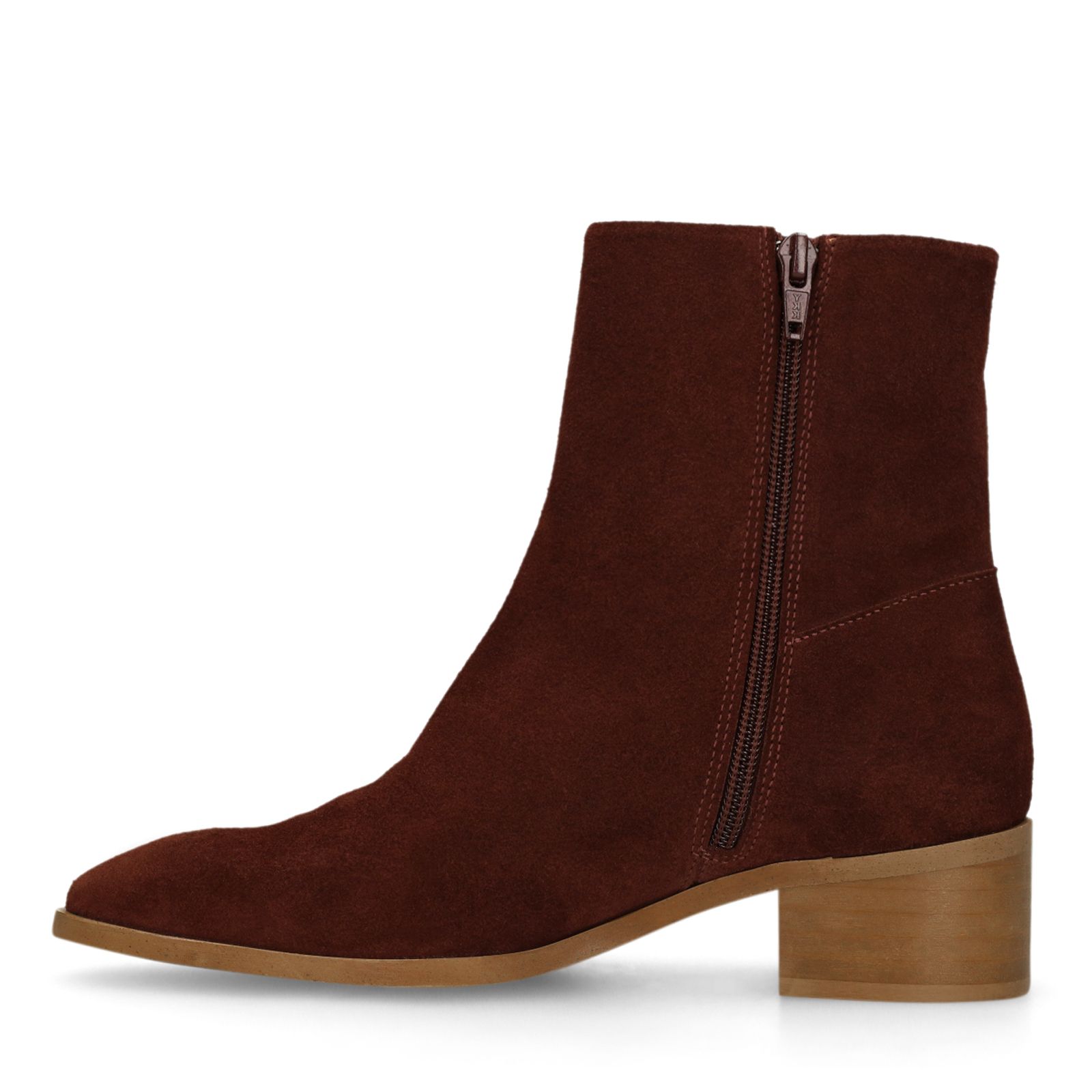 Bordeauxrote Veloursleder-Stiefeletten mit Absatz
