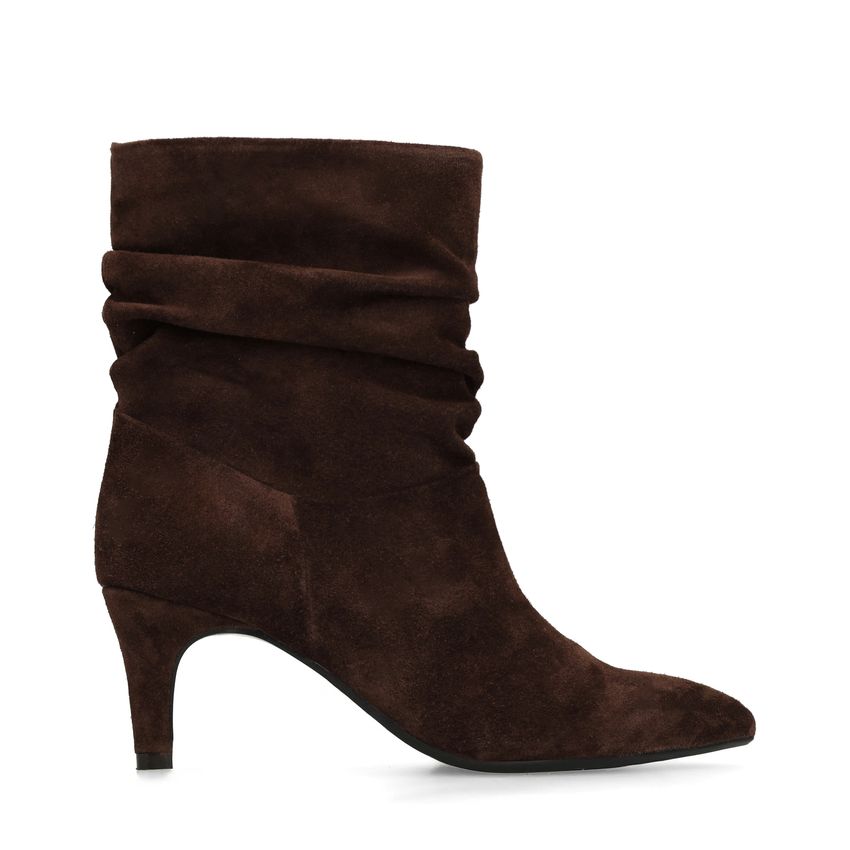 Bordeauxrote Veloursleder-Stiefeletten mit Absatz