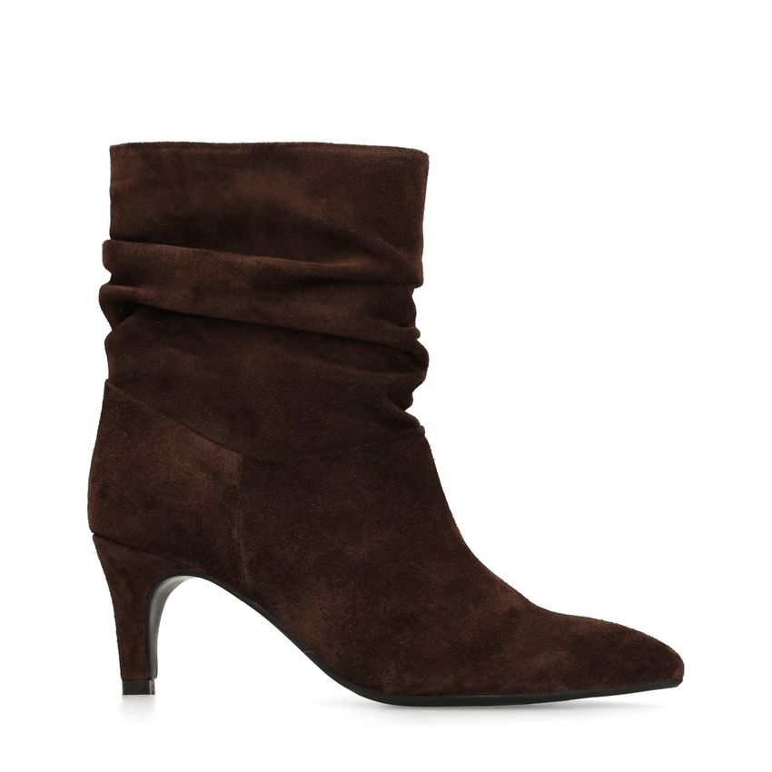 Bordeauxrote Veloursleder-Stiefeletten mit Absatz