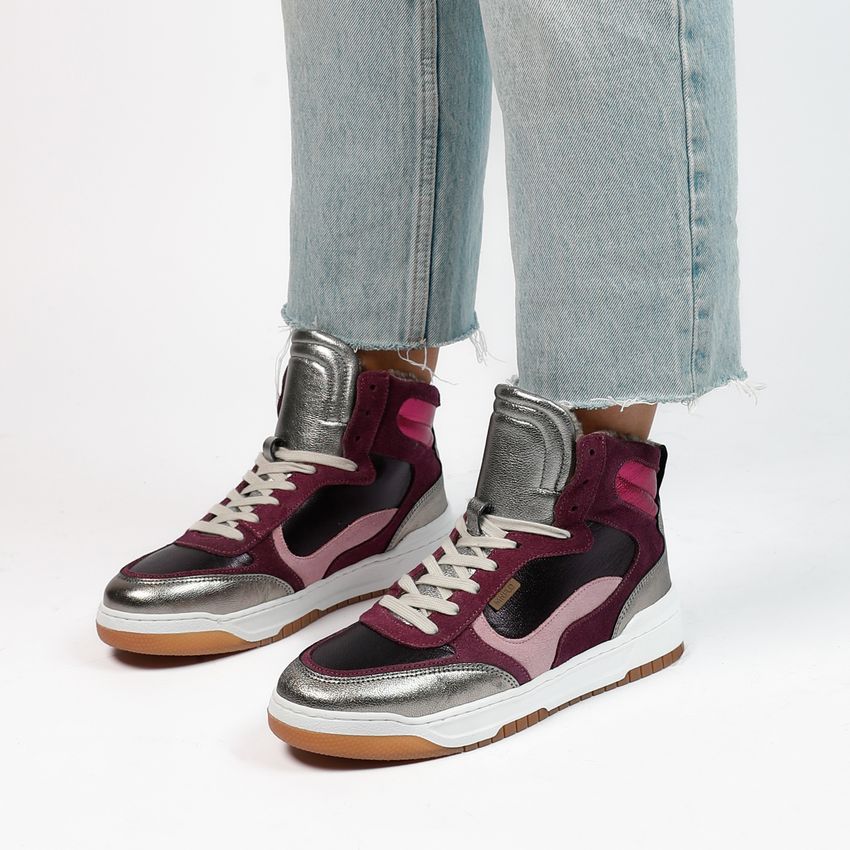 Roséfarbene High-Top-Sneaker aus Leder mit Kunstfellfutter