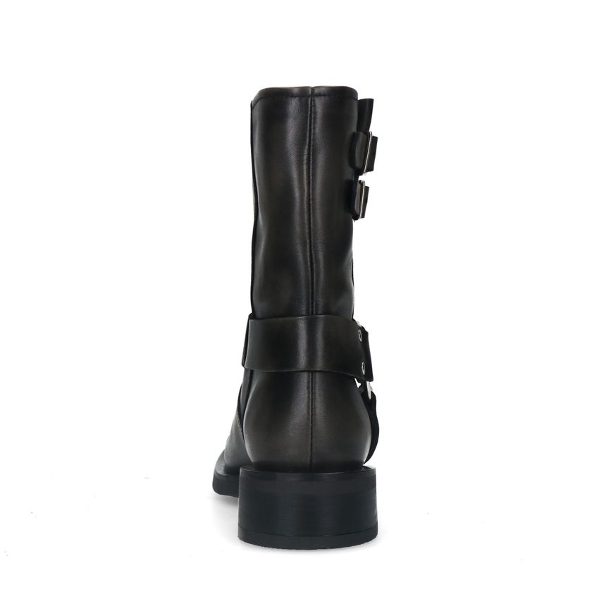 Zwarte leren biker boots met zilverkleurige gespjes